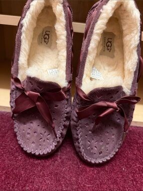 UGG Women's Wine Suede Shearling Moccasins with Satin Bow